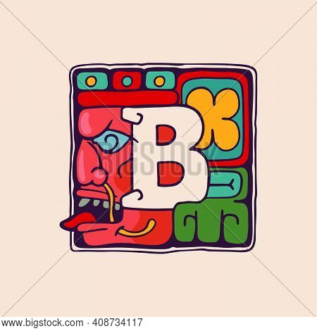 Letter B Logo In Aztec, Mayan Or Incas Style. Native American Symbol With Warrior Or God Face. Perfe