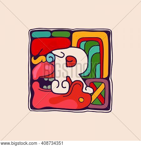 Letter P Logo In Aztec, Mayan Or Incas Style. Native American Symbol With Warrior Or God Face. Perfe