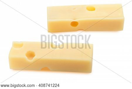 Portions (strips) Of Emmental Swiss Cheese. Texture Of Holes And Alveoli. Isolated On White Backgrou