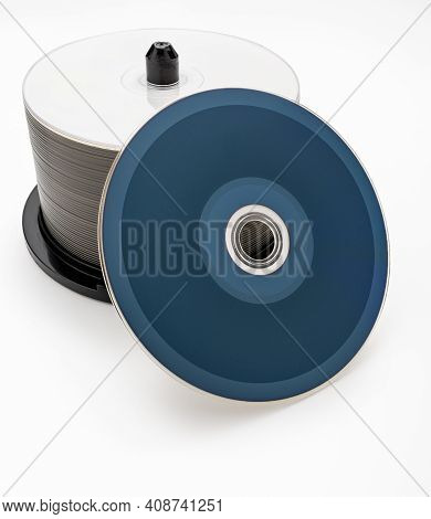 Tub Of 50 Blank Bluray Dvds Cds. Reverse Disc. Isolated On White Background.