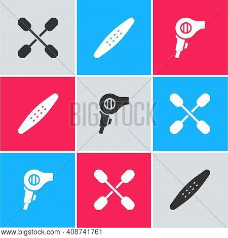 Set Cotton Swab For Ears, Nail File Pet And Hair Dryer Icon. Vector