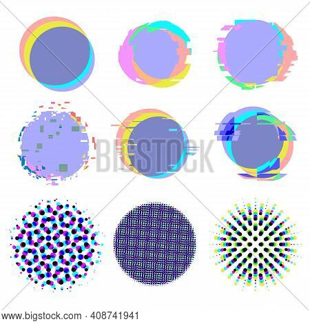 Glitch Noise Distortion And Halftone Texture Backgrounds Set With Chromatic Aberration Effect