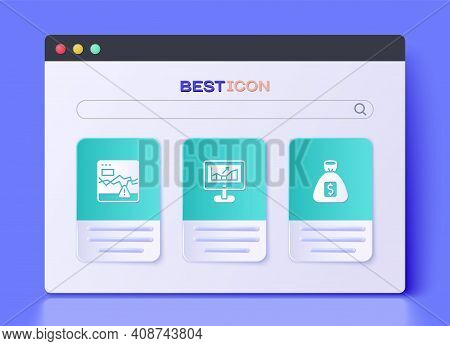 Set Computer With Growth Graph, Failure Stocks Market And Money Bag Icon. Vector