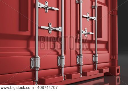 A High Quality Image Of A Red 20ft Shipping Container On A White Background. Twenty Foot Sea Shippin