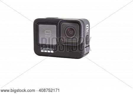 Moscow, Russia - Novemner 11, 2020: New Flagship Action Camera Gopro Hero 9 Black. Front View, Isola