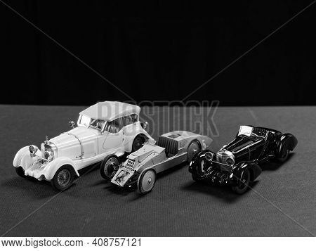 Gomel, Belarus - February 16, 2021: Scale Model Of A Retro Car On A Gray Background