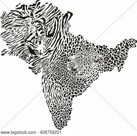 Vector Illustration Of A Tiger Fur Pattern And Tiger And Leopard Head Background In The Shape Of The
