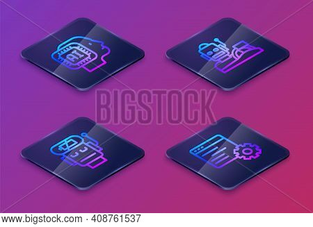Set Isometric Line Humanoid Robot, Robot Low Battery Charge, Humanoid Driving Car And Computer Api I