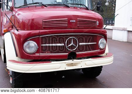 Moscow, Russia - February 15, 2021. Mercedes-benz La 322 Old Fire Engine Red And Shiny. Old Classic 