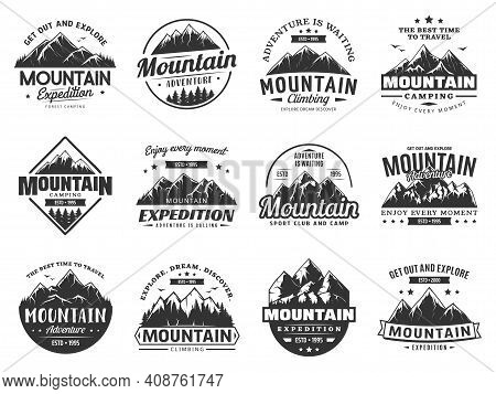Mountain Expedition And Rock Climbing Vector Icons. Snowy Peaks Monochrome Silhouettes, Steep Rocky 