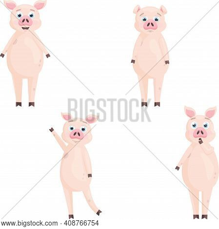 Set Of Different Cute Piglets With Emotions