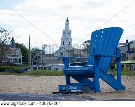 Provincetown, Usa - June 14, 2019: Image Of The Big Blue Chair An Oversized Adirondack Chair Situate