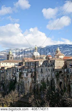 Ancient Roman Columns On The Portico Of The Cathedral Of Sant'agata Dè Goti, A Medieval Town In The 