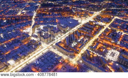 Evening Traffic Jams In The City. Aerial View.
