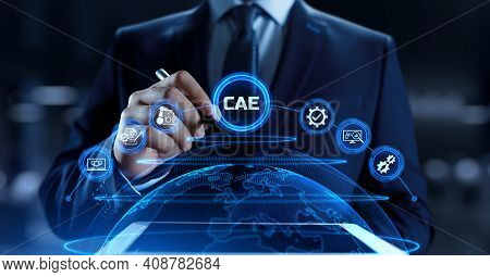 Cae Computer-aided Engineering Software System Concept. Businessman Pressing Button On Screen.