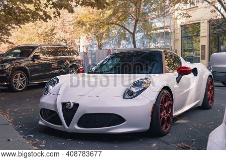 Prague, Czech Republic - Ausust 2018. Rare Sports Car Alfo Romeo 4c In A White Color.