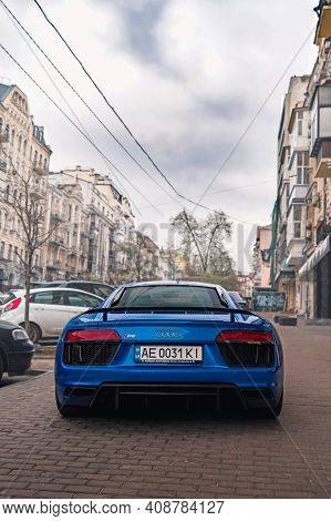 Kyiv, Ukraine - April 2019. Audi R8 V10 Plus In A Blue Color.