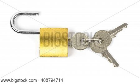 Open Yellow Padlock And The Keys Isolated On White Background With Clipping Path