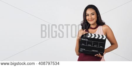 Asian Woman Hold Clapperboard Or Movie Slate On Whitebackground.