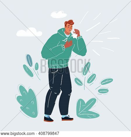 Vector Illustration Of Coughing Man. Sick Person, Ill And Cold, Flu And Virus, Influenza Concept