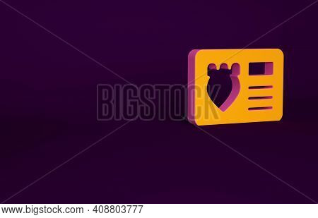 Orange Police Badge With Id Case Icon Isolated On Purple Background. Minimalism Concept. 3d Illustra