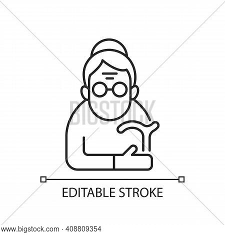 Female Pensioner Linear Icon. Senile Woman. Old-old Age. Aging Process. Person Aged 90-and-older. Th