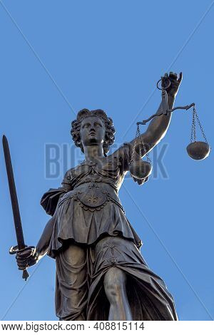 Justitia (lady Justice) Skulptur At The Roemerberg  In Frankfurt, Built In 1887.