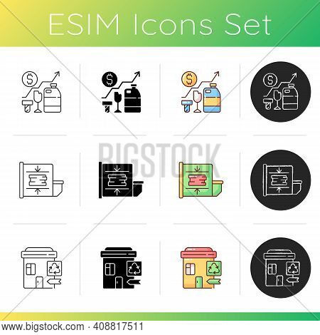 Trash Removal Icons Set. Trash Compactor. Waste Analytics. Landfill, Material Recovery Facility. Mec