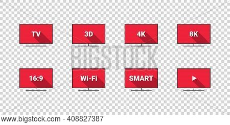 Tv Features: 3d, 4k, 8k, 16:9, Wi-fi. Flat Style. Tv Icons Vector Set. Vector Illustration
