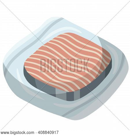 Packaging Of Frozen Fish. Seafood And Meat In Package. Cartoon Flat Illustration. Supermarket Produc