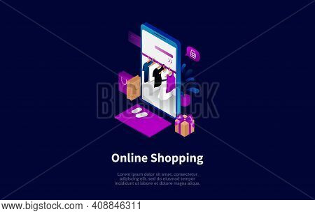 Online Clothes Shopping Conceptual Illustration In Cartoon 3d Style. Vector Composition In Neon Colo