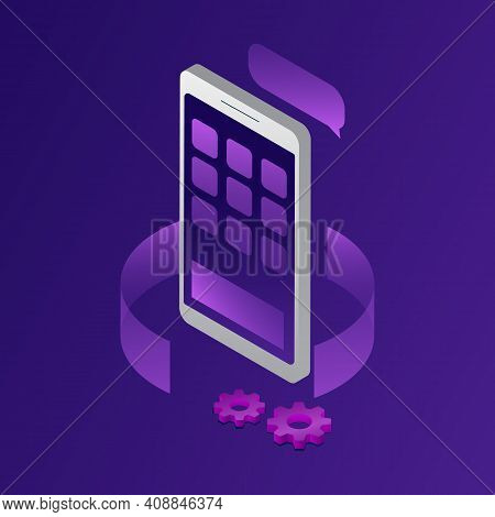 Vector Illustration On Dark Blue Background With Elements. Isometric Composition In Cartoon 3d Style