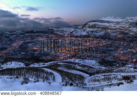 Amazing Landscape of a Little Mountainous Town at the Evening. Winter Vacation in Faraya. Lebanon. 