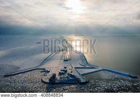 Panoramic Aerial View Of The Complex Of Protective Structures Of St. Petersburg Against Floods. Navi