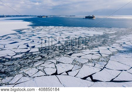 Aerial View Of Fort Alexander The First In Kronstadt. Winter Is Plague. Defensive Structures In The