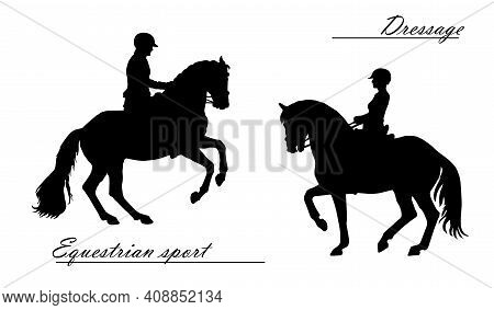 Realistic Isolated Black Silhouettes Of Two Men On A Horse, Sport Horse, Dressage