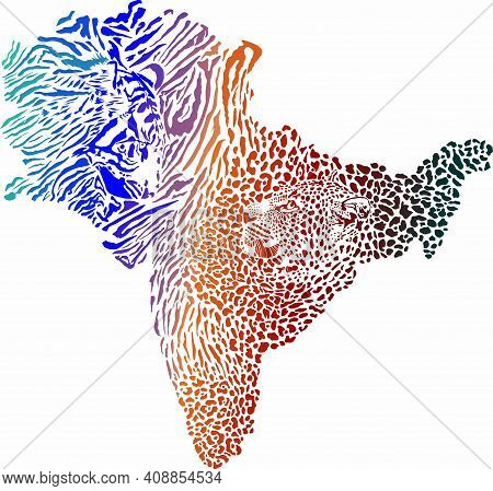 Color Vector Illustration Of A Tiger Fur Pattern And Tiger And Leopard Head Background In The Shape 