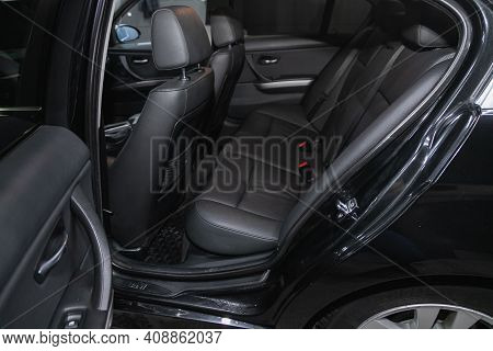 Novosibirsk, Russia - February 18 2021: Bmw 3, New Car Inside. Clean Car Interior. Black Back Seats 