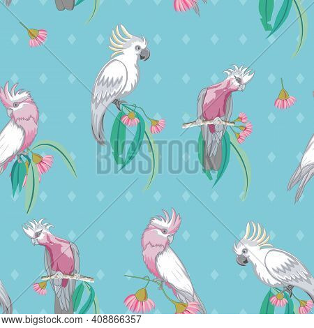 Aqua Cockatoos And Galah Australian Birds Seamless Pattern. Vector Illustration Seamless Pattern