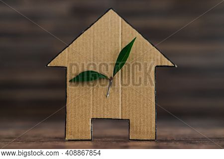Green Home And Energy Efficiency, Ecological House Icon With Leaves On It On Wooden Background