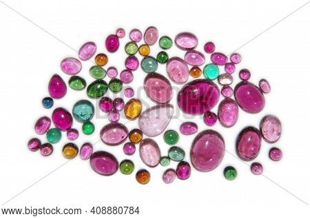 Many Different Colors Tourmaline Cabochons On White Background