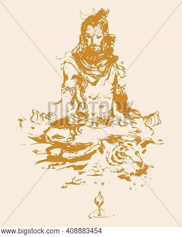 Sketch Of Indian Famous And Powerful God Lord Shiva And His Symbols Outline, Silhouette Editable Ill