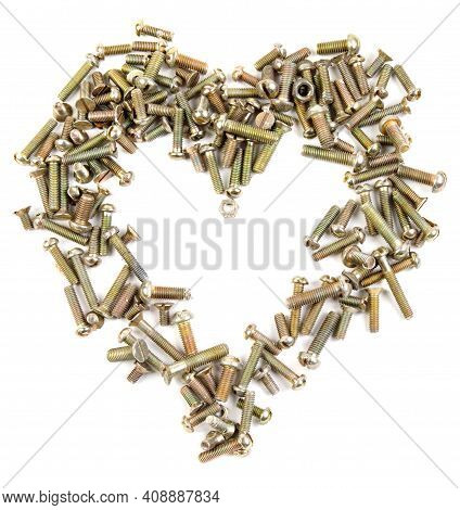 A Heart Of Bolts And Nuts On A White Background.