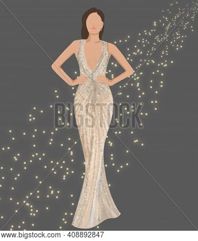 Model In A Shiny Dress On A Grey Background