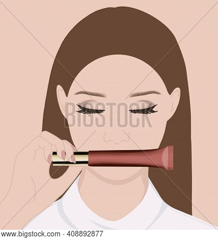 Young Girl With Long Hair And With Lipstick