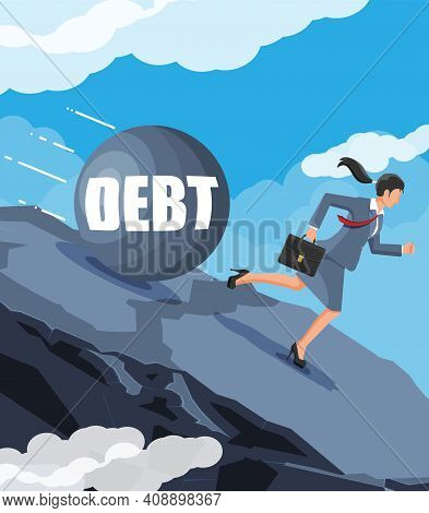 Businesswoman On Mountain Running Away From Big Debt Weight. Business Woman With Briefcase And Wreck