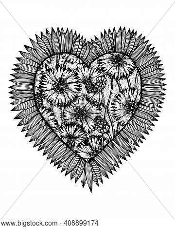 Saint Valentine Greeting Card, Hand Drawn Vector Black And White Heart