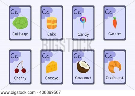 Colorful Phonics Flashcard Letter C - Cabbage, Cake, Candy, Carrot, Cherry, Cheesse, Coconut, Croiss