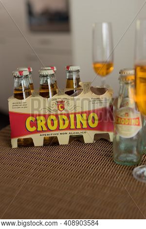 Bern, Switzerland - August 9, 2019 - Small Bottles Of Crodino Aperitive Brand For A Nice Start Famil