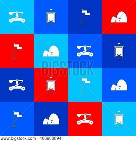 Set Catapult Shooting Stones, Medieval Flag, And Bale Of Hay And Rake Icon. Vector